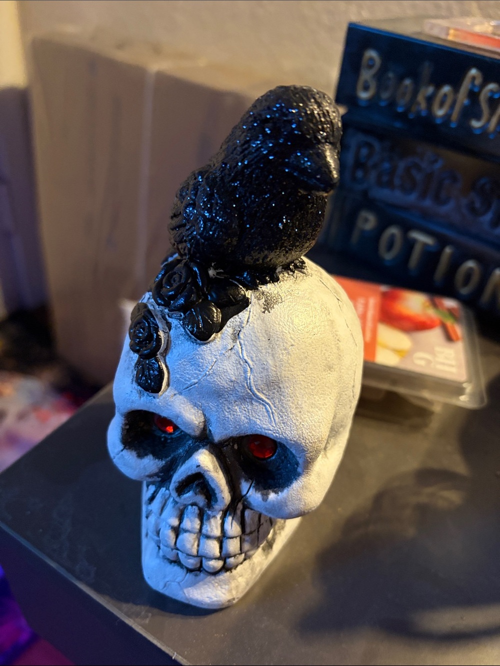 White Skull with Black Crow Decorative Sculpture - Home Art